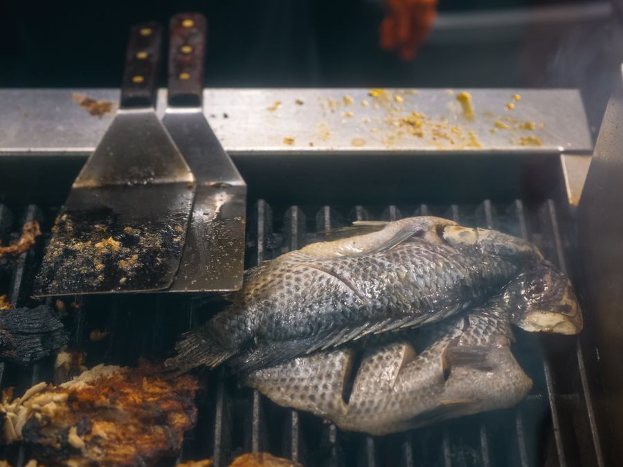 Peixe inteiro grelhando na churrasqueira